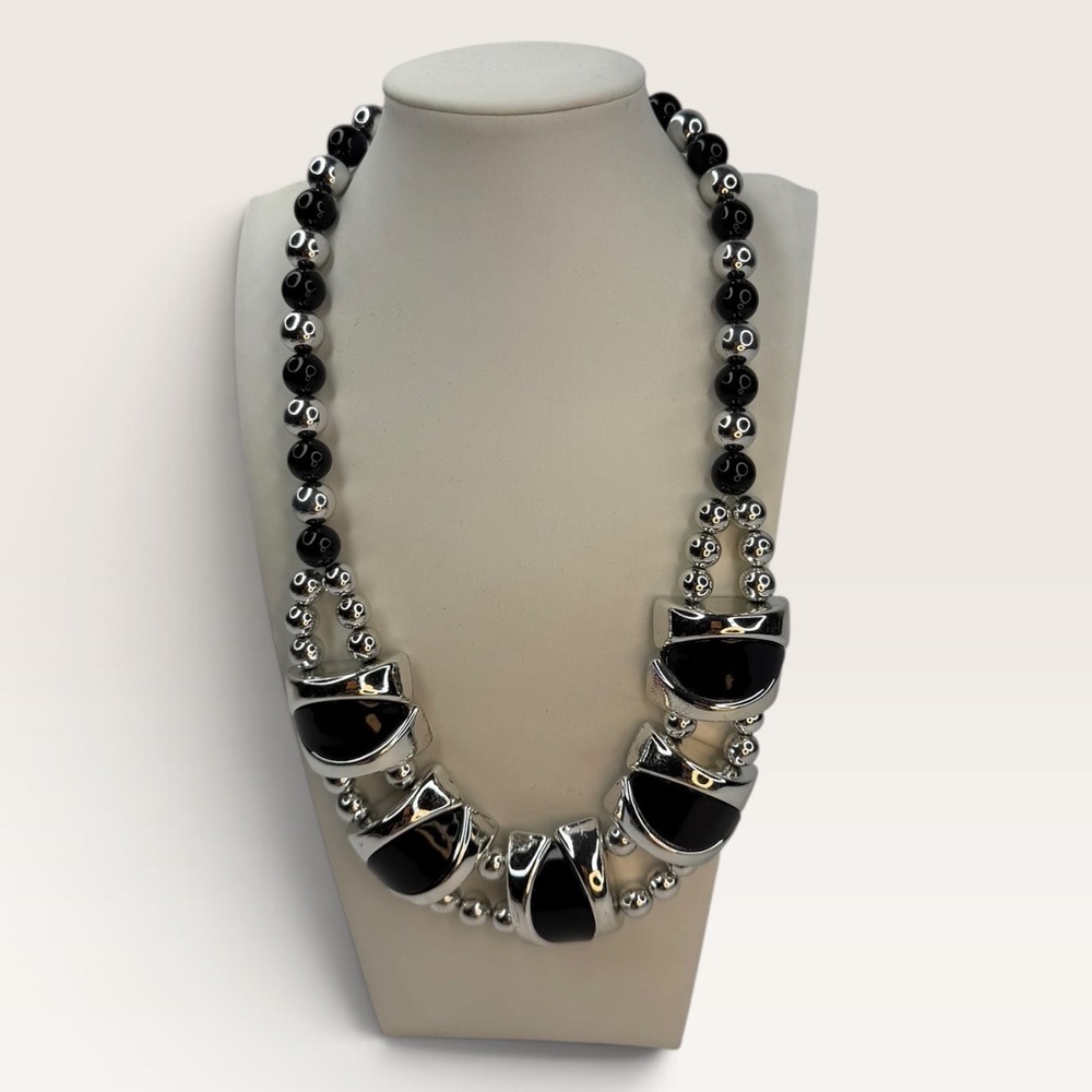 Vintage Modernist Black Enamel Silver Tone Beaded Geometric Statement Necklace